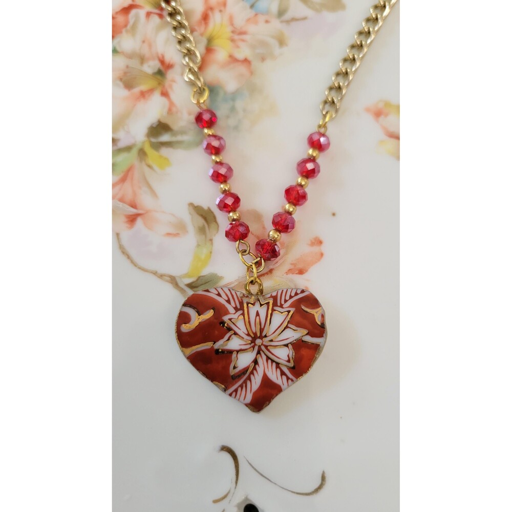 Broken China Red & Gold Beaded Heart Shaped Pendant Necklace